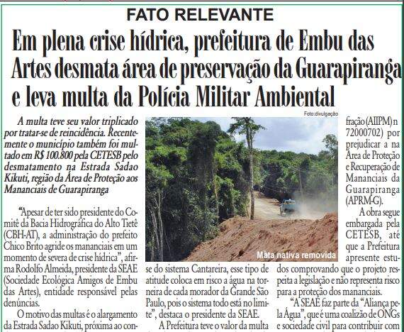 Jornal Retrato: Em plena crise hídrica, prefeitura de Embu das Artes desmata área de preservação da Guarapiranga e leva multa da Polícia Militar Ambiental